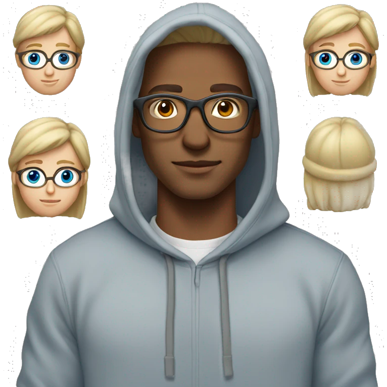 blond man, wide glasses for vision, long hair back, blue eyes, gray hoodie, gray cap emoji