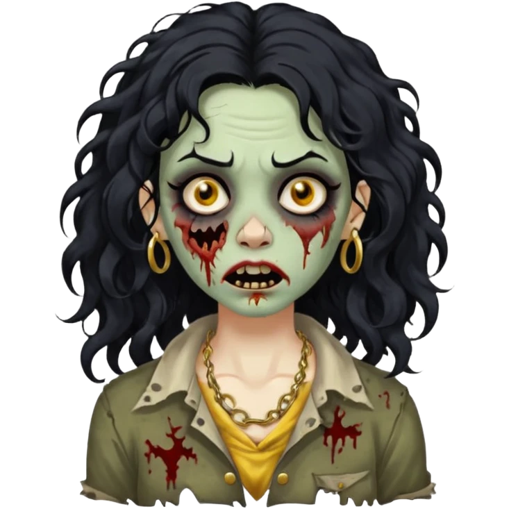 Create a zombie woman with voluminous wavy hair and a gold nose piercing. emoji