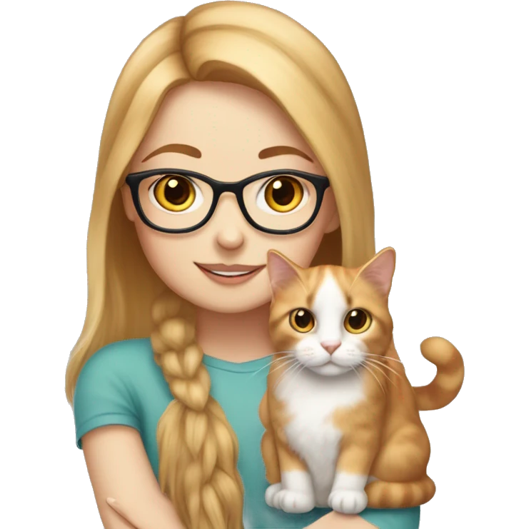White skin strawberry-blonde haired girl with glasses holding long-haired calico cat emoji
