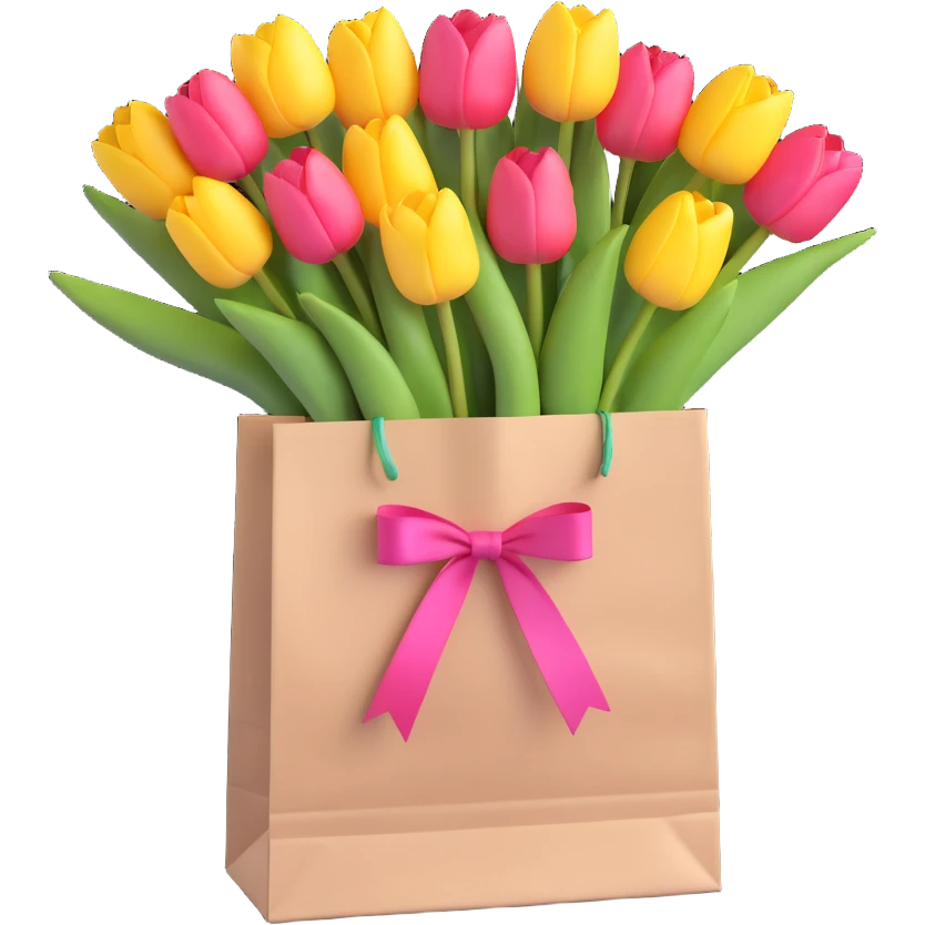 a white paper bag filled with pastel pink tulips, tied with a pink ribbon, soft pastel colors, smooth shadows, simple and minimalistic, 3D iOS emoji style emoji