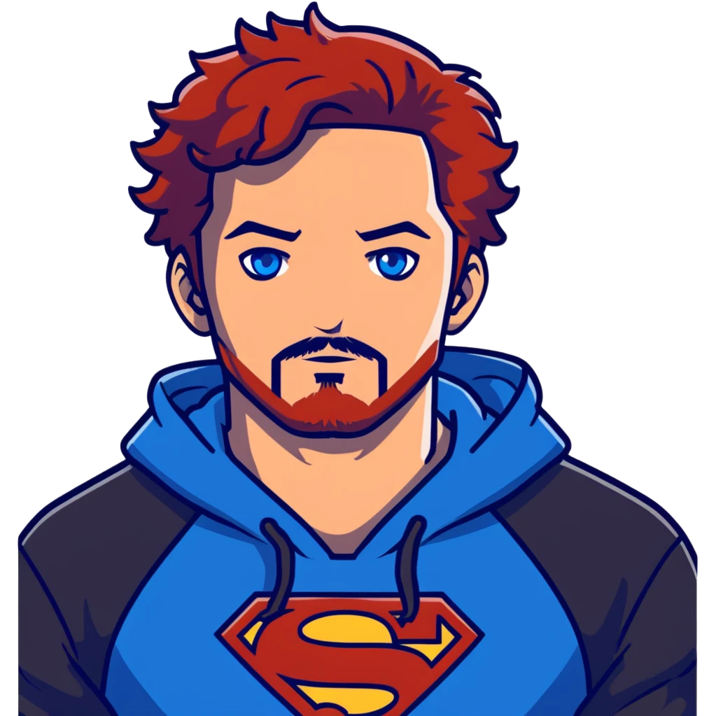 Full body Adult male with blue eyes and redish messy hair and trimmed facial hair wearing a blue superman hoodie  emoji