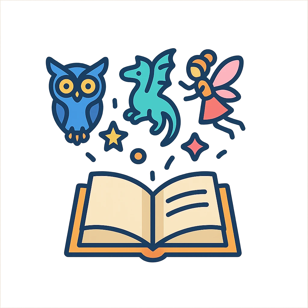 open book with magical creatures flying out, such as owl or fairy, magical atmosphere, shadows and highlights, colorful outlines emoji