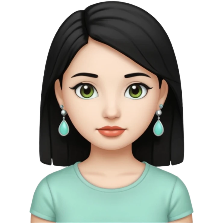 A girl emoji wearing  silver colour jhumka and light mint green colour tshirt with dark black hair emoji