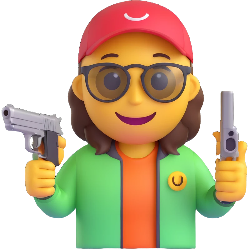 3D smiley emoji, round shape, wearing sport shooting glasses, holding pistol, sporty face, transparent background (sport shooting) emoji