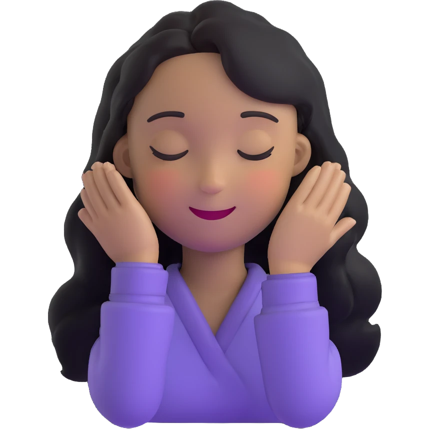 person with eyes closed smiling feeling a refreshing breeze with hair gently flowing emoji