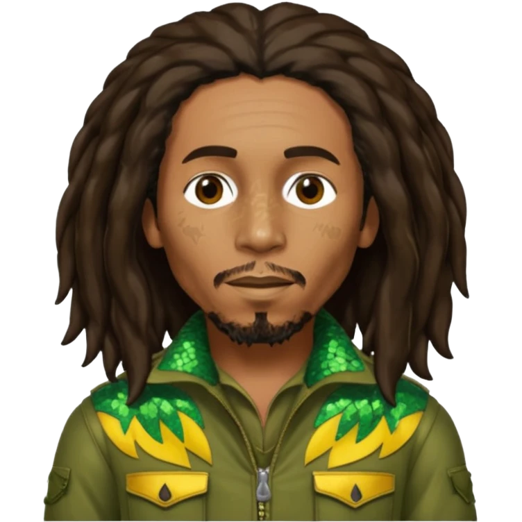 Bob Marley with long dark brown hair, olive sequin outfit emoji