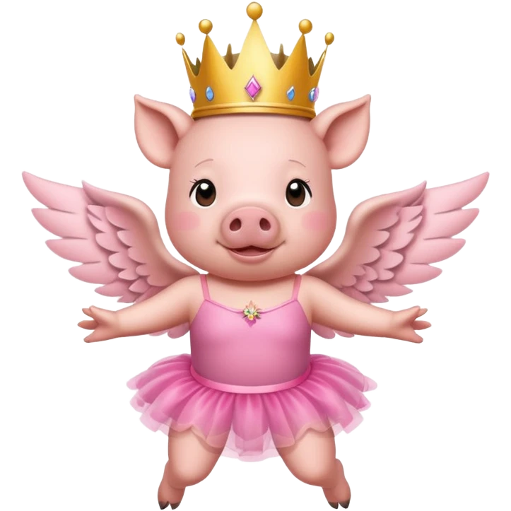 Pig with wings and a princess crown wearing a pink tutu flying in the air emoji