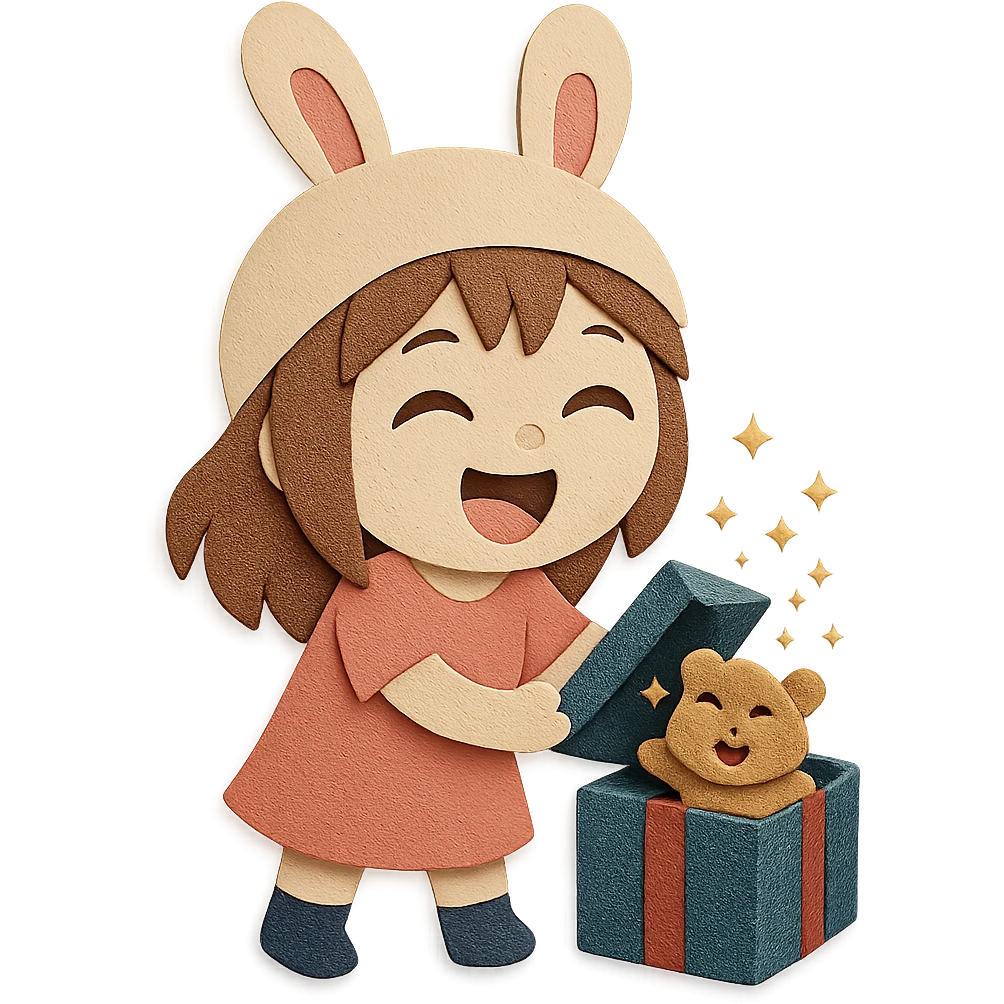 Create a laughing chibi cute girl with a bunny hat unwrapping a magical glitter gift box with a small laughing teddy bear inside the gift box, full body, clean and polished, no imperfections, matching the paper-craft style and quality of the reference image emoji