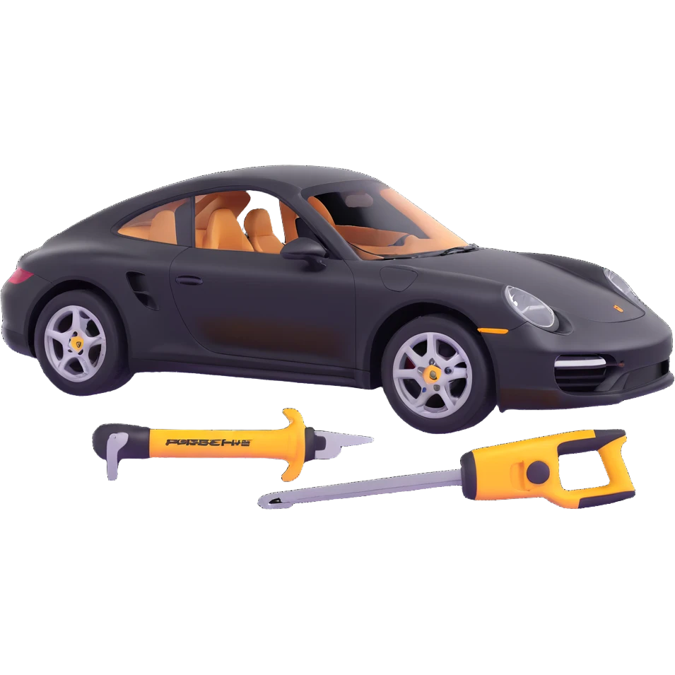 Porsche luxury car with dent repair tools like a lever and small hammer, elegant and modern emoji
