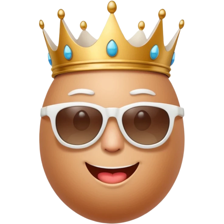 a funny, proud cartoon-style egg character wearing sunglasses and a small broken crown, solid orange background. emoji