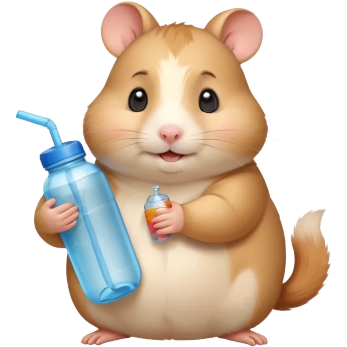 Cute chubby cartoon-style hamster hugging an oversized water bottle, sipping with tiny straw, happy expression. Painterly shading, expressive eyes, white background, sticker-style illustration emoji