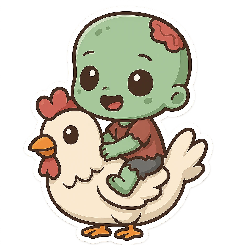 a green baby zombie riding a chicken, chibi stickers cartoon style, adorable, big eyes emoji
