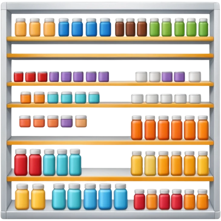 "Each product is stocked in multiple units placed directly behind one another on the same shelf, forming deep horizontal lines of identical items, while different product types are arranged vertically in separate columns." emoji