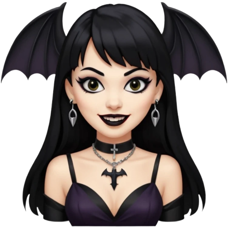 vampira com cabelo preto longo e liso e franja, olhos pretos, brincos em formato de cruz, choker em formato de morcego, roupa preta com decote, batom preto e sorrindo mostrando as presas emoji