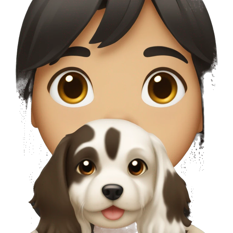 A girl with black hair with bangs, having a dog épagneul breton brown and whiter in her arms emoji