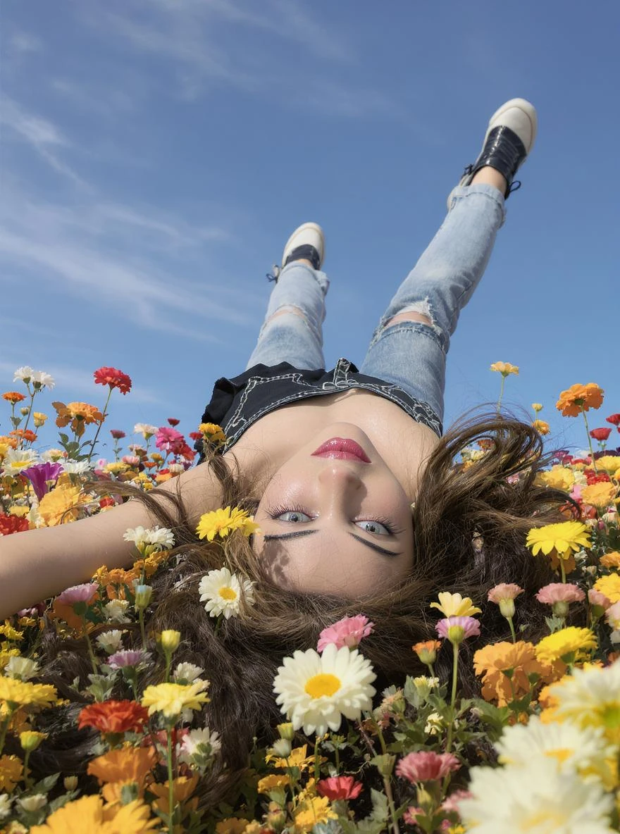 Closeup photo of a woman falling down around colorfull flowers wearing alternative fashion, blue sky minimalistic background emoji