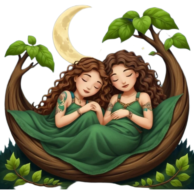 two forest alchemist women — one with long wavy brown hair and tattoos, one with short tight curly brown hair — sleeping back to back under leaf blanket crescent moon above emoji