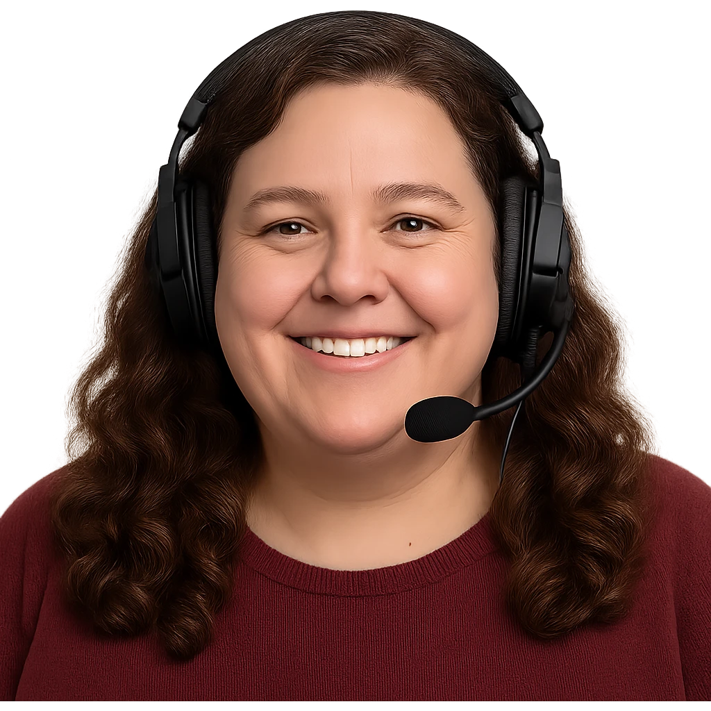 chubby English teacher with wavy long brown hair, smiling, wearing gaming headset, for online classes, only face emoji
