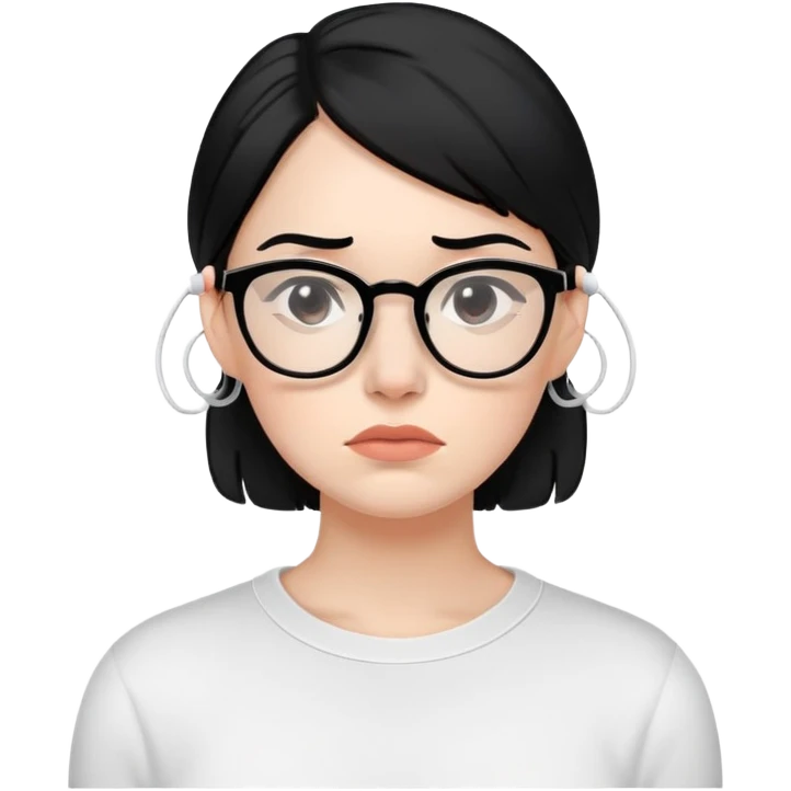 "- Nữ
- 30 tuổi
- Da trắng
- Tóc đen
- Đeo kính, đeo airpod
- Mặt buồn
" emoji