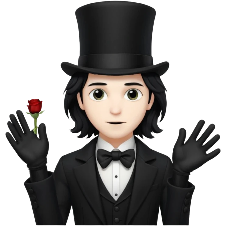 Male Goth with Top short Hat
 Wavy shoulder-length hair, white skin, black suit and gloves, pale skin tone,  emoji