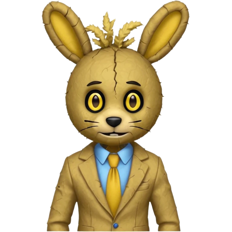springtrap yellow damage hare suit with hare ears blue eyes with strands of 3C afro textured hair size of a small toothpick sttcking up emoji