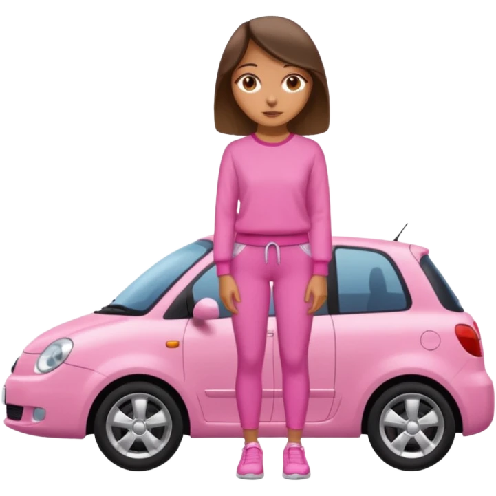 Create me a emoji girl with brown eyes in a pink outfit leaning on a car full body emoji