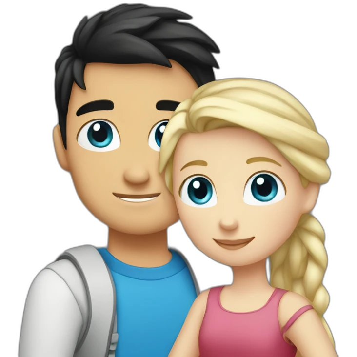 blond white girl with blue eyes hug white boy with black hair with pony-tail emoji