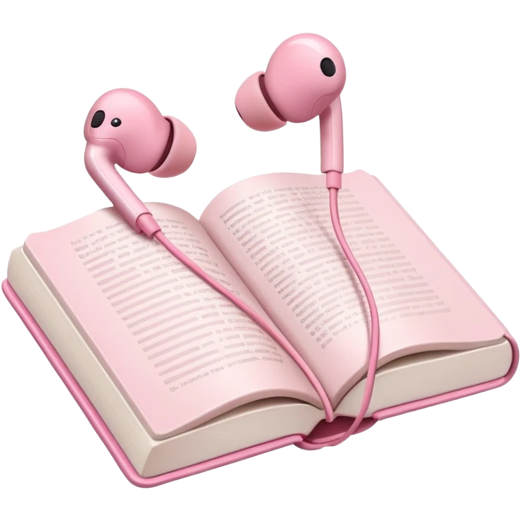  pink Pink Apple-style earbuds lying on an open book, soft pastel tones, cozy and minimal aesthetic, realistic lighting and shadows, top-down view, transparent background" emoji