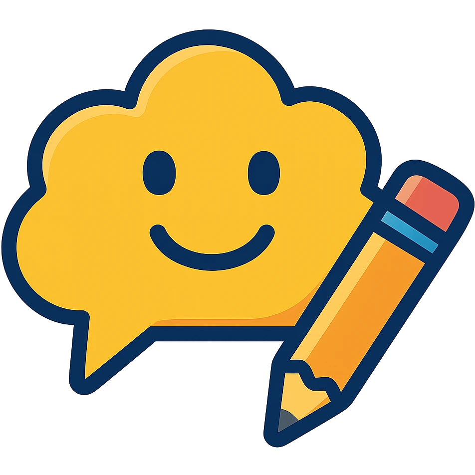 cartoon style cloud-shaped speech bubble emoji with a smiling face and a pencil next to it, representing a post caption as a comment emoji