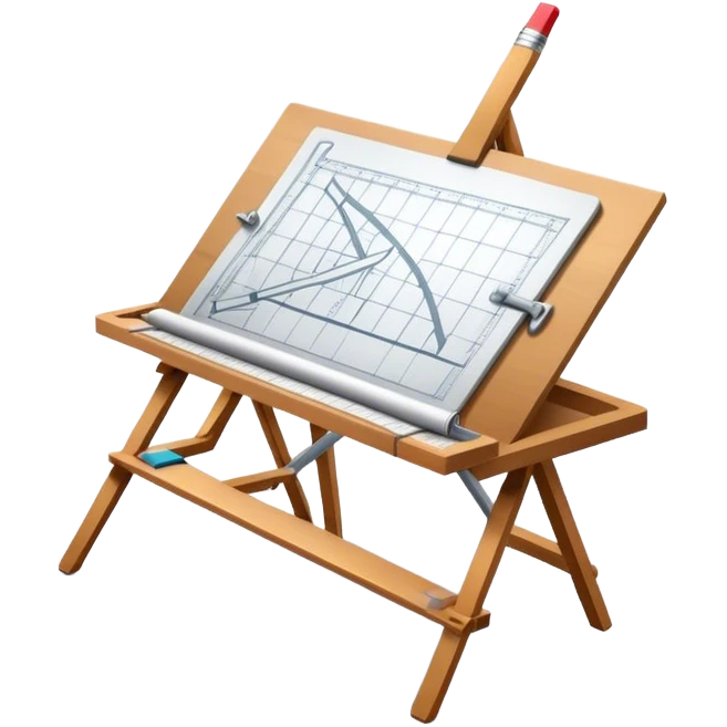 Sleek icon for Architecture: engineer's drawing board with 3D model of the building,  pencil, architect's easel, rulers and protractor. Transparent background. emoji