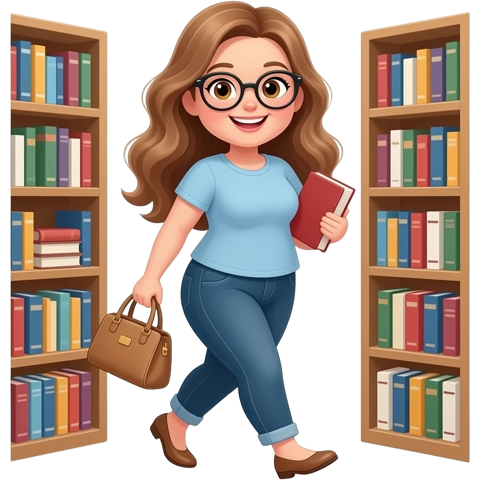 detailed emoji illustration of a curvy woman with long light brown wavy hair, light brown eyes and round glasses walking out of a bookstore with a handbag and books, happy book lover vibe, cute emoji style emoji