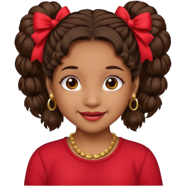 Brownskin girl dark brown hair fluffy. pigtails with red bows brown eyes smiling closed mouth red shirt gold esrrings gold necklace emoji