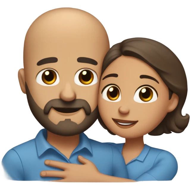 Brown-haired Puerto Rican woman with dark brown eyes wearing a cute blue blouse giving comforting hug to short, bald man with brown eyes, laugh lines, and a beard emoji