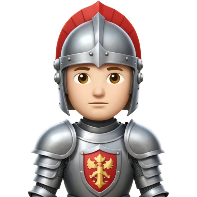 An emoji portrait of a medieval knight. He wears a suit of armor with a stylized helmet. His expression is serious and determined, and he holds a shield with a family crest. emoji