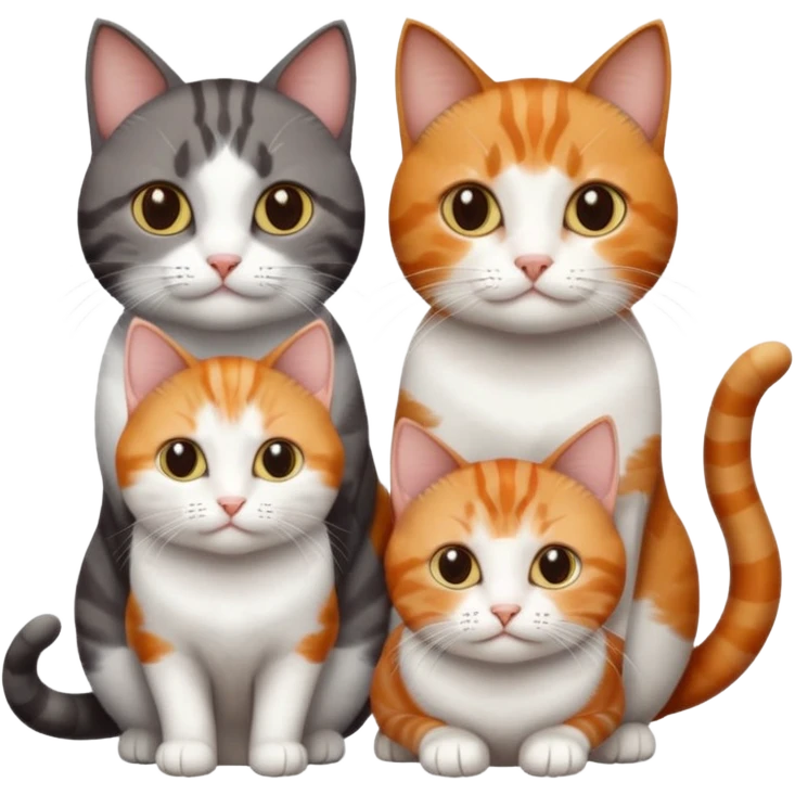3 different coloured short haired cats including; a dark brown tabby and white cat, and a dark grey and white and a ginger and white emoji