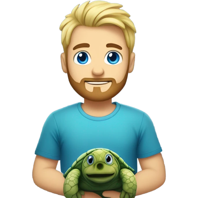 Blonde man with beard and spiked up hair, blue eyes, t-shirt, holding a sea turtle  emoji