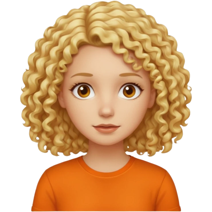curly blond hair woman in orange shirt no smile emoji