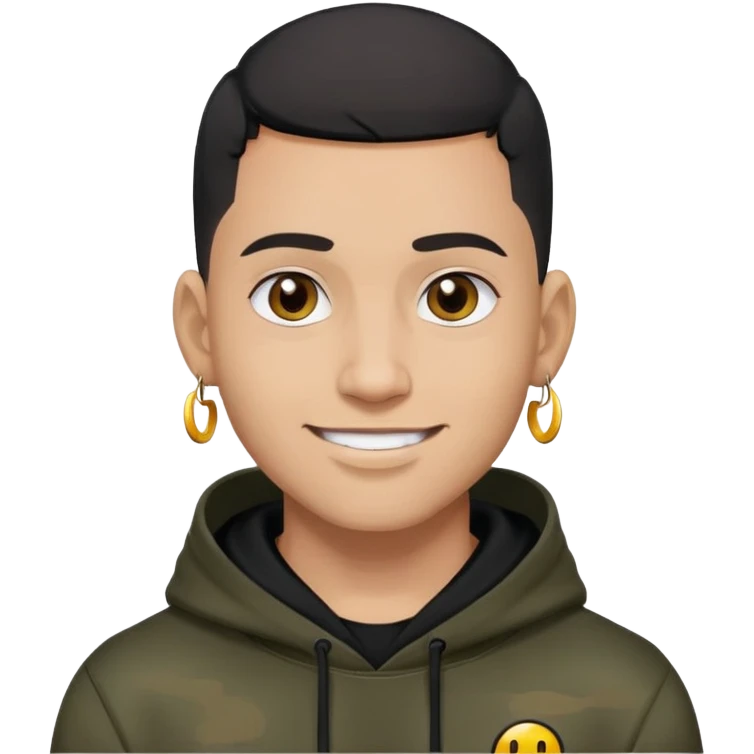 man with black military haircut, brown eyes, wearing 2 circle earrings and a black hoodie with a smiley face emoji