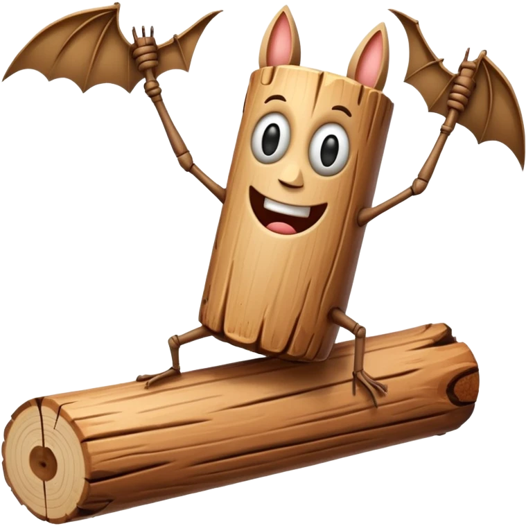The character is an anthropomorphic wooden log with a cartoonish face, human arms and legs, and a long wooden bat, giving it a surreal, humorous appearance. emoji