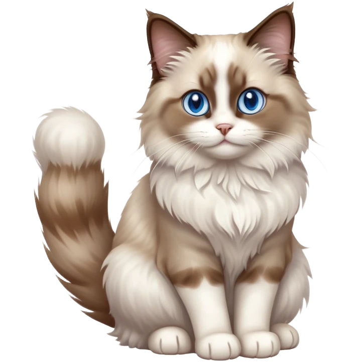cinematic-[brown and white ragdoll cat]-realistic-full-body-sitting-emoji,-tail-curled-playfully-around-its-paws,-head-tilted-dramatically,-fluffy-[brown and white]-fur,-simplified-yet-realistic-focused-features,-highly-detailed,-glowing-with-an-almost-sarcastic-glow, with blue eyes emoji