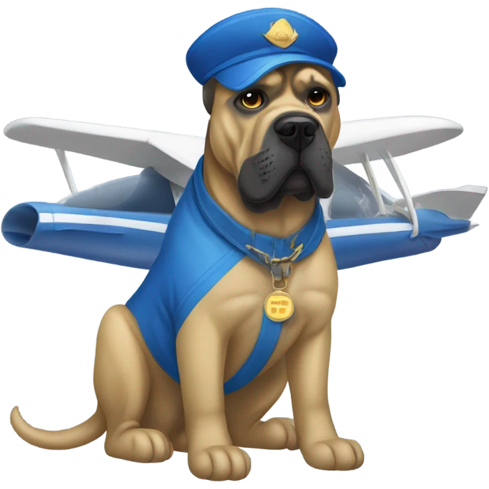 A Gold and Blue Cane Corso straddling a jet plane. emoji