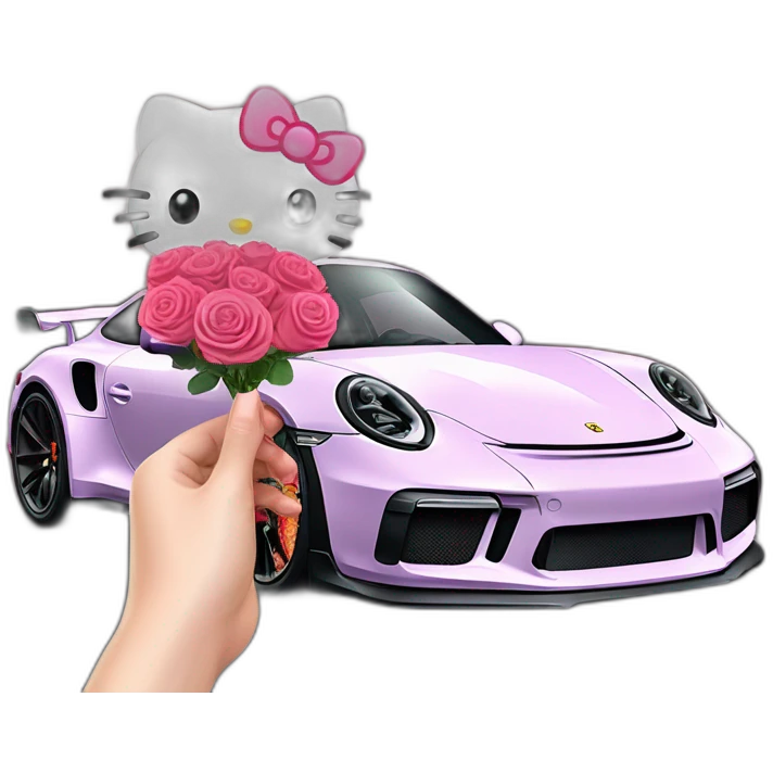 Hello kitty in porsche 911 gt3rs and bouquet of rose red in the hand emoji