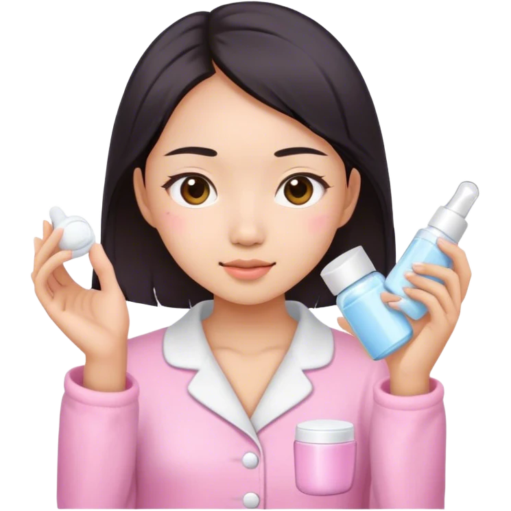 angelic asian girl doing skin care in pink pajamas emoji