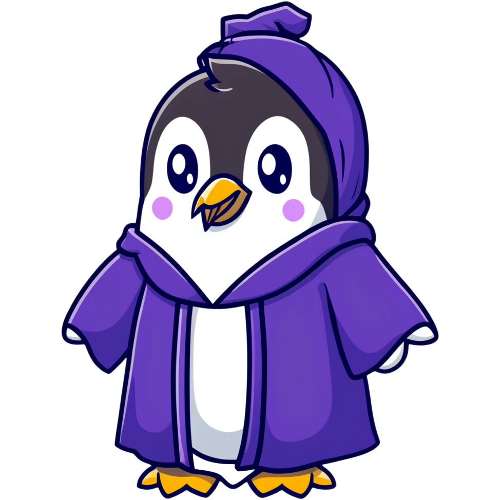 Penguin wizard with a flowing purple robe and long white beard emoji