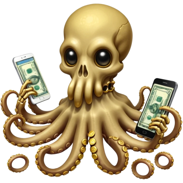 Intimidating octopus skeleton. Evil looking eyes, wearing a gold necklace. 3 tentacles are holding their own cellphone with one held to the side of its face as if its on a phone call, 2 other tentacles are holding stacks of money emoji