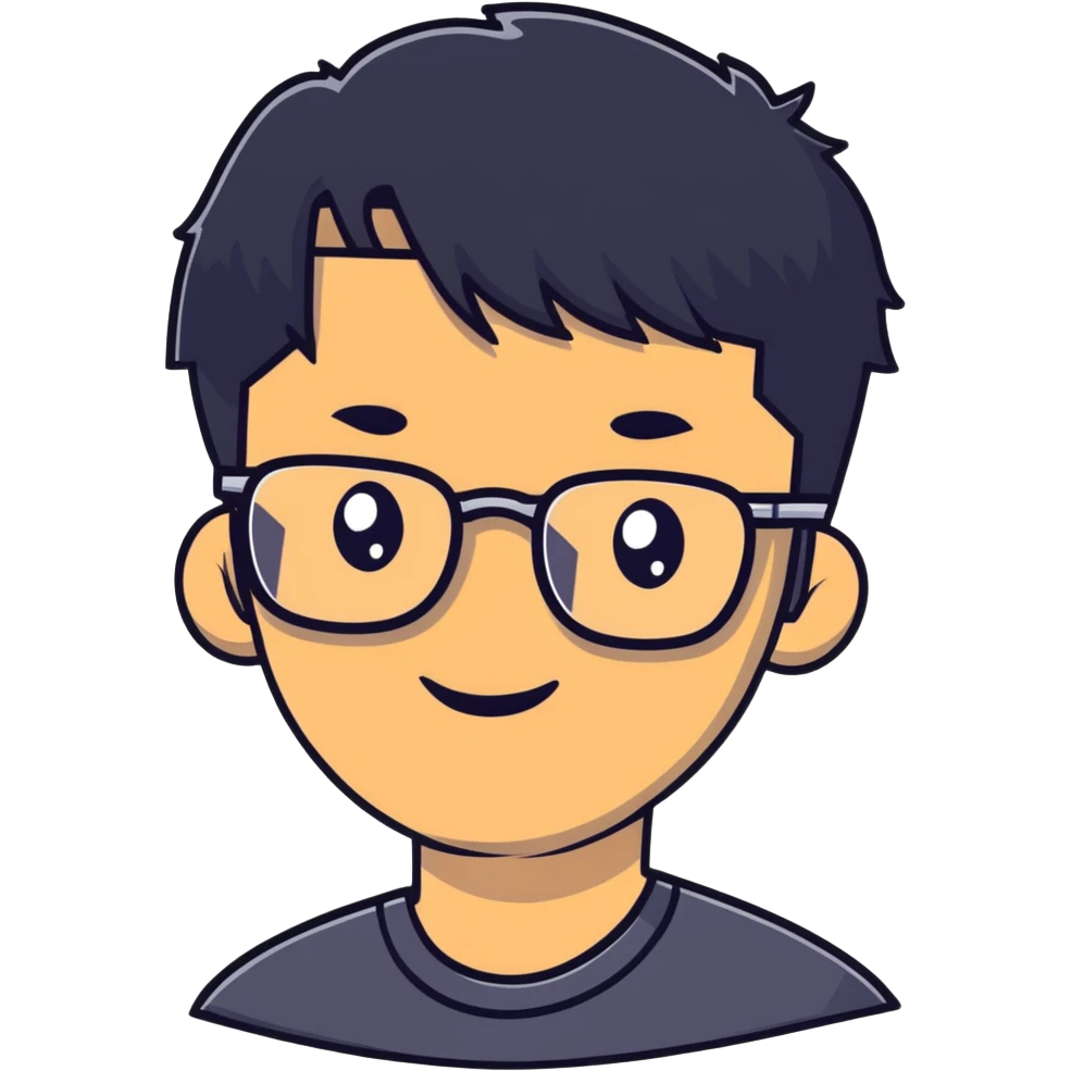 Asian man with short black hair, glasses, friendly smile, Josh Lim character emoji
