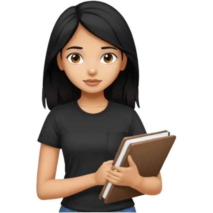 a pretty tan indian bratz girl with messy dark black hair, wearing a black tee carrying a sketchbook emoji