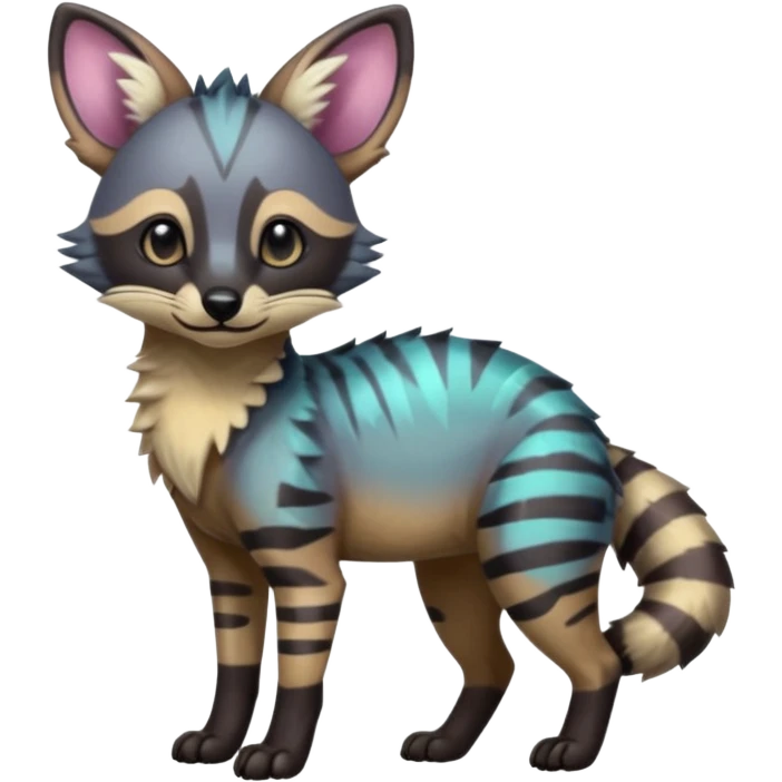 Cute adorable iridescent kawaii Shiny Colorful Dusky Dark Gloomy Glossy Aardwolf-Genet-Bobcat-fusion-animal-hybrid-creature, full body emoji