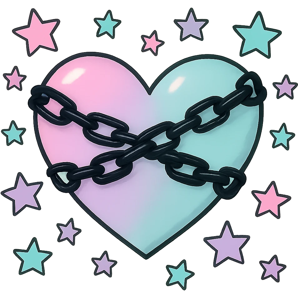 Remove the background, keep the pastel goth heart with pastel stars and black chains, transparent background. emoji