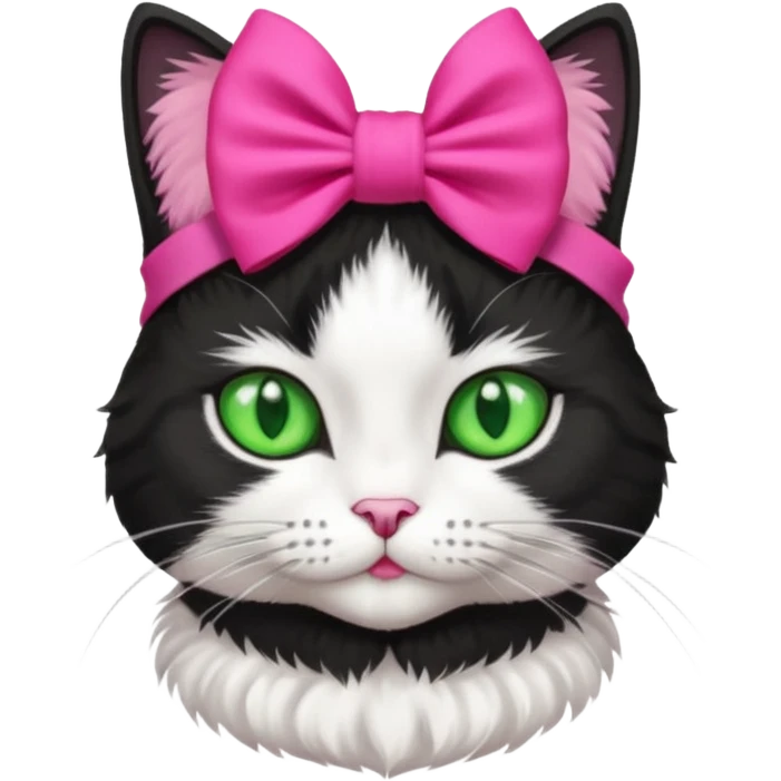 A black and white cat with green eyes she has a hot pink bow on her head  emoji